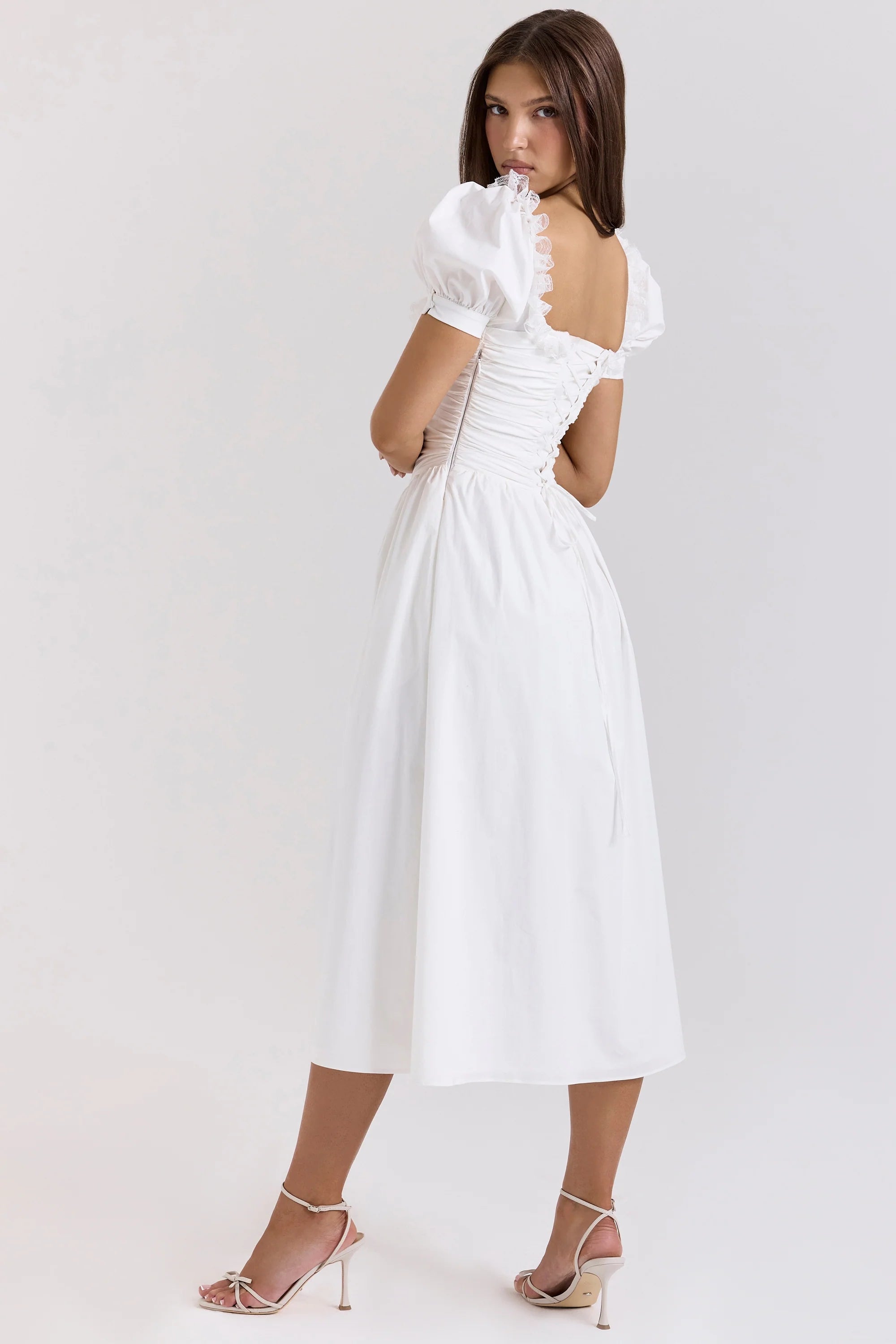 white stretch cotton puff sleeve midi dress