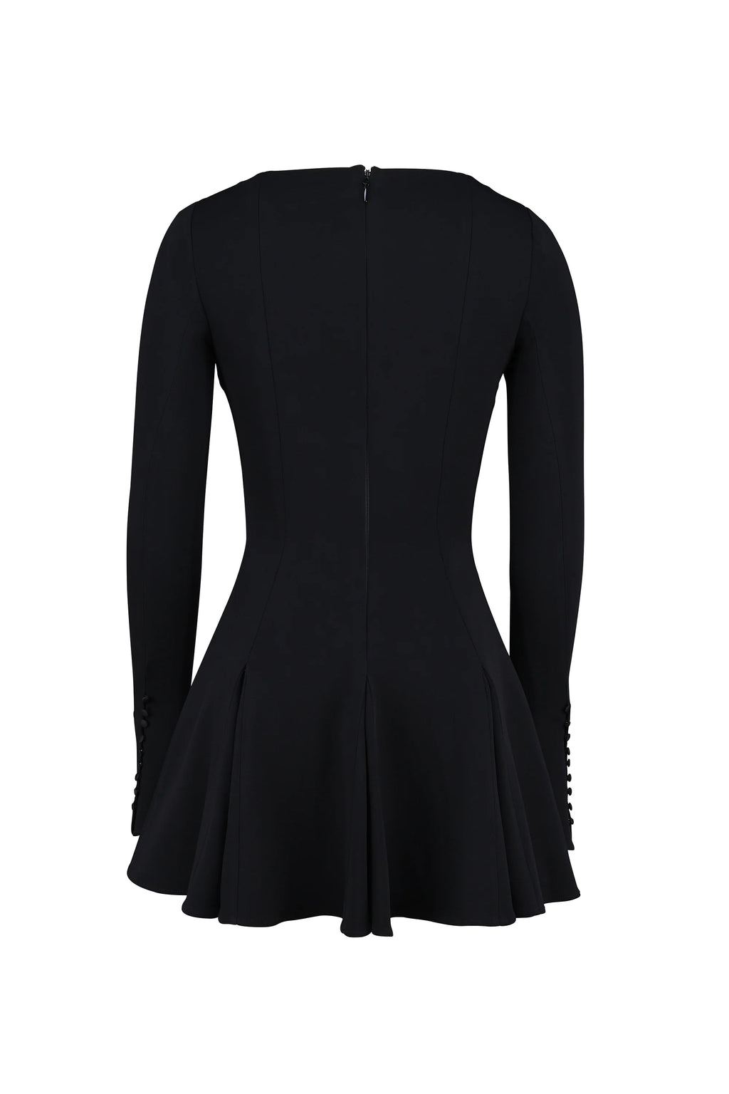 black stretch crepe godet mini dress