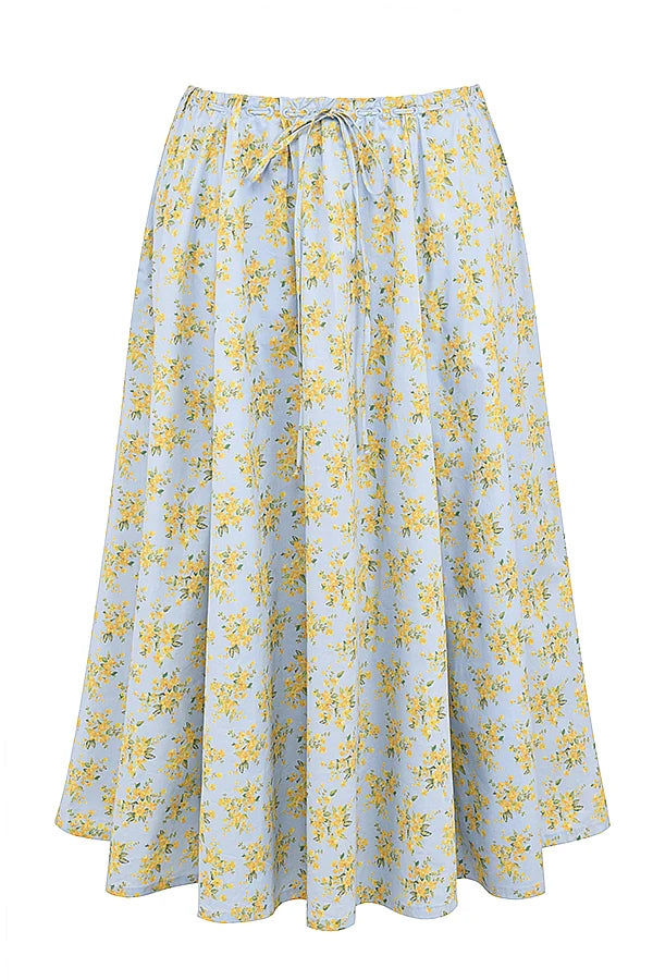 soft blue vintage floral print cotton midi skirt