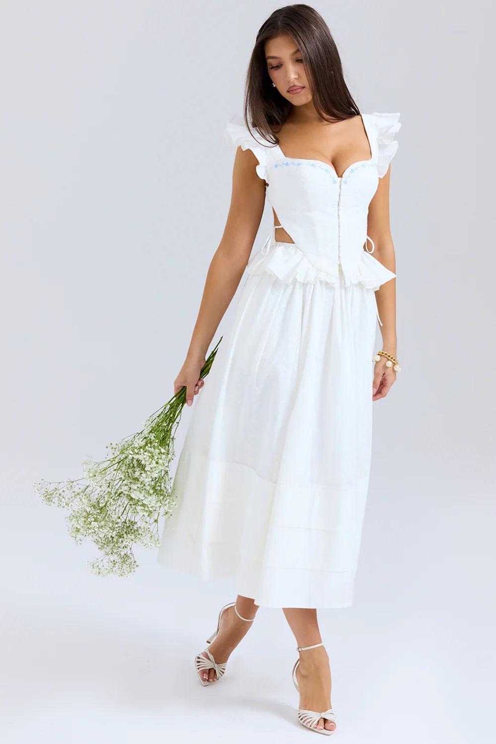 white embroidered cotton midi skirt
