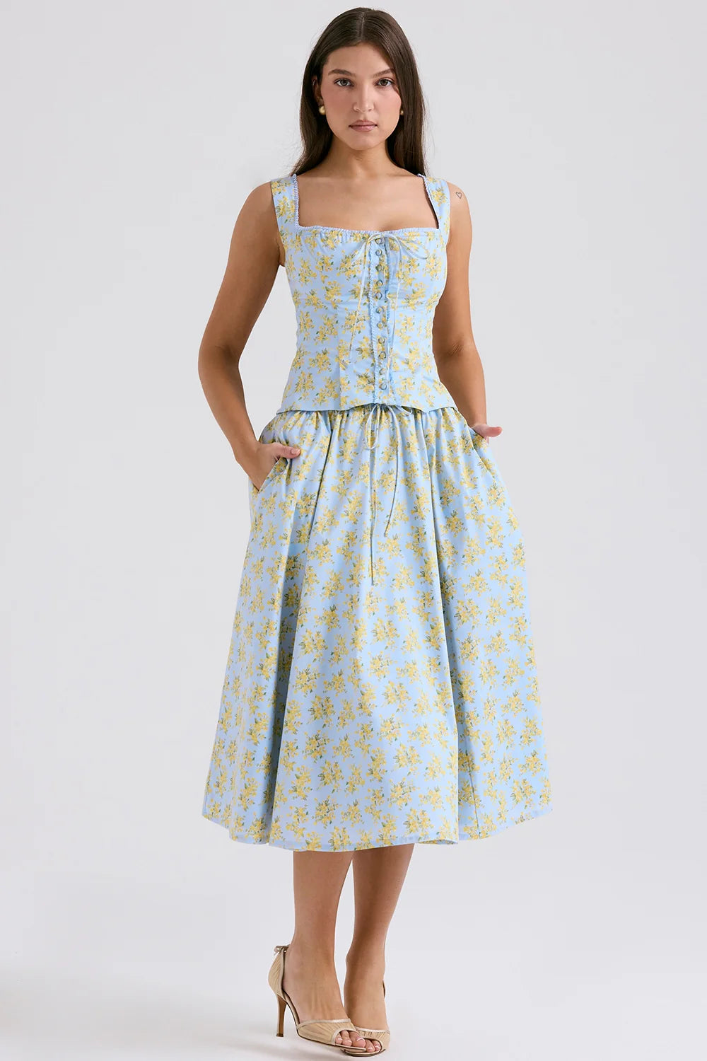 soft blue vintage floral print cotton midi skirt