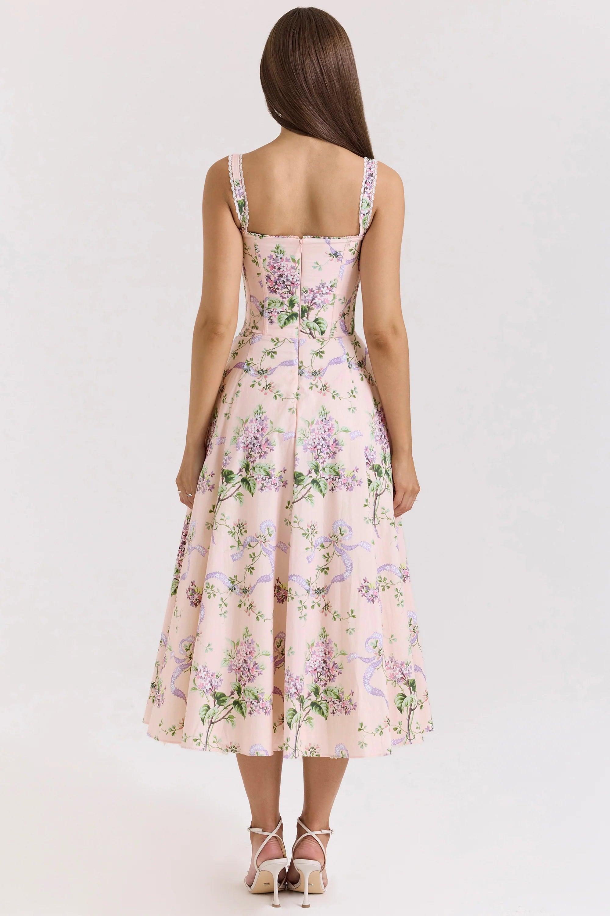 pink floral corset midi dress