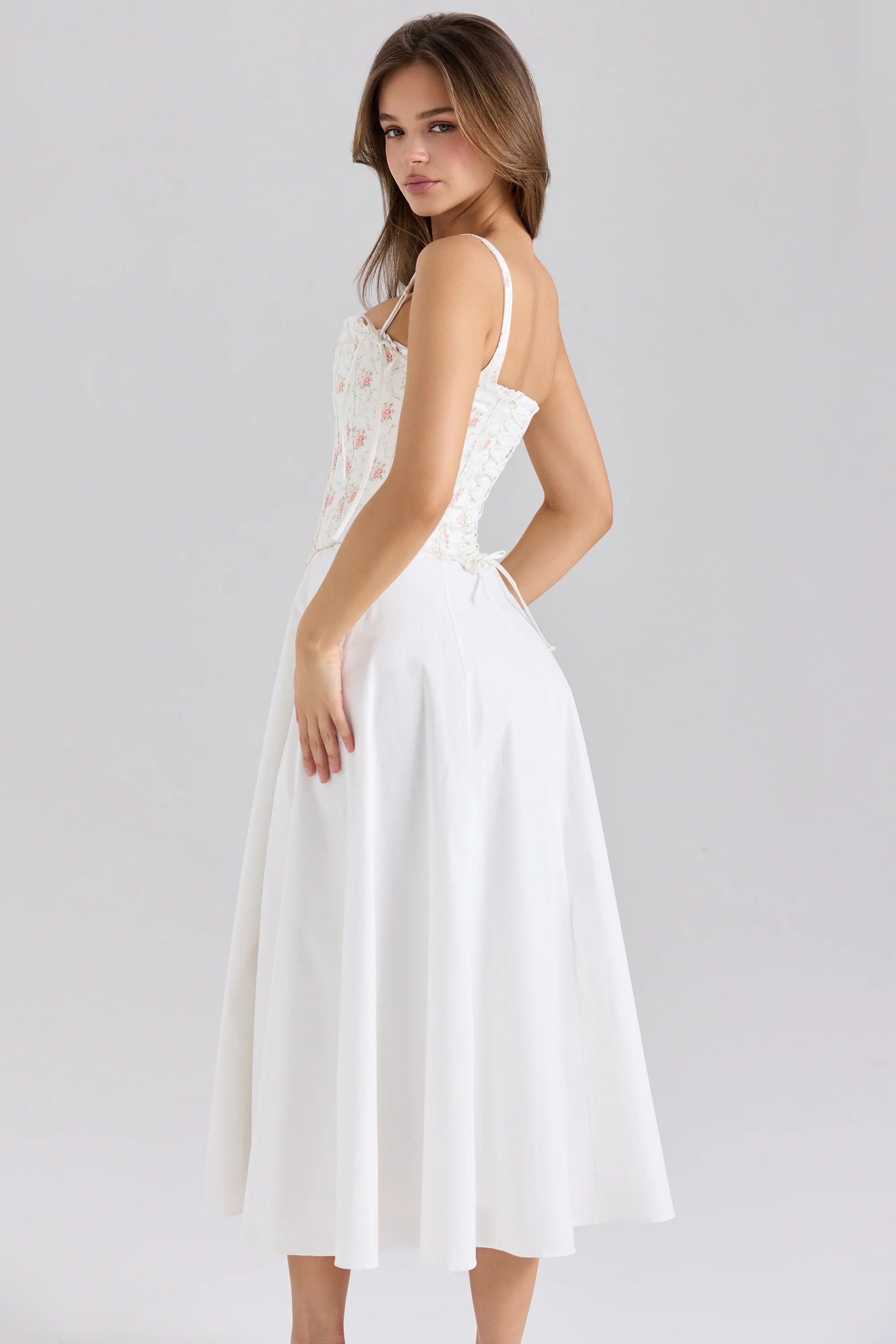 rose print cotton detachable corset midi sundress