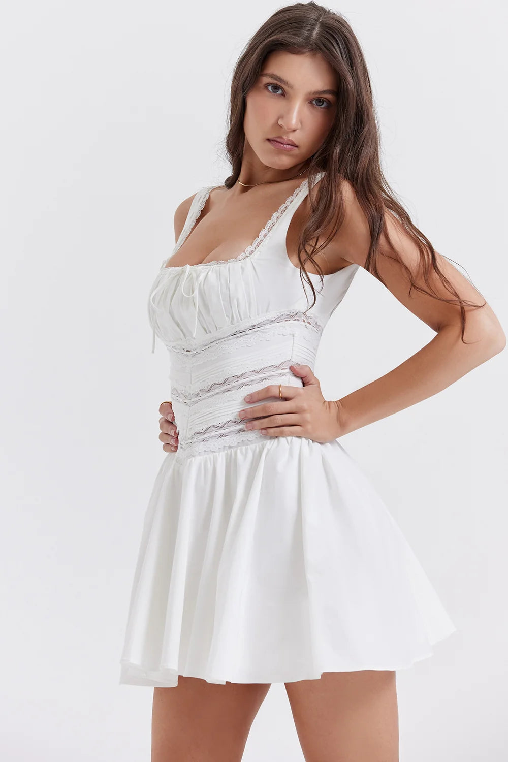 white lace trim mini dress