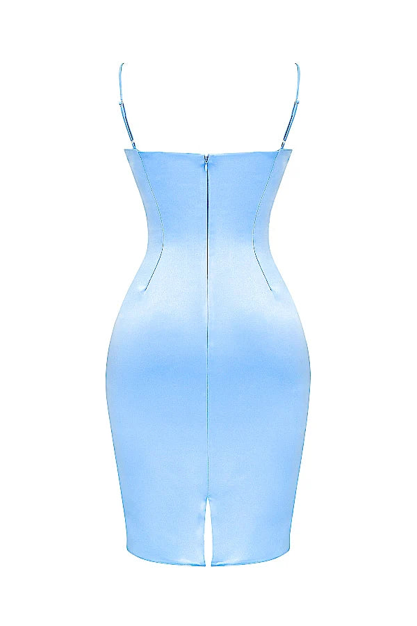 soft blue satin midi dress