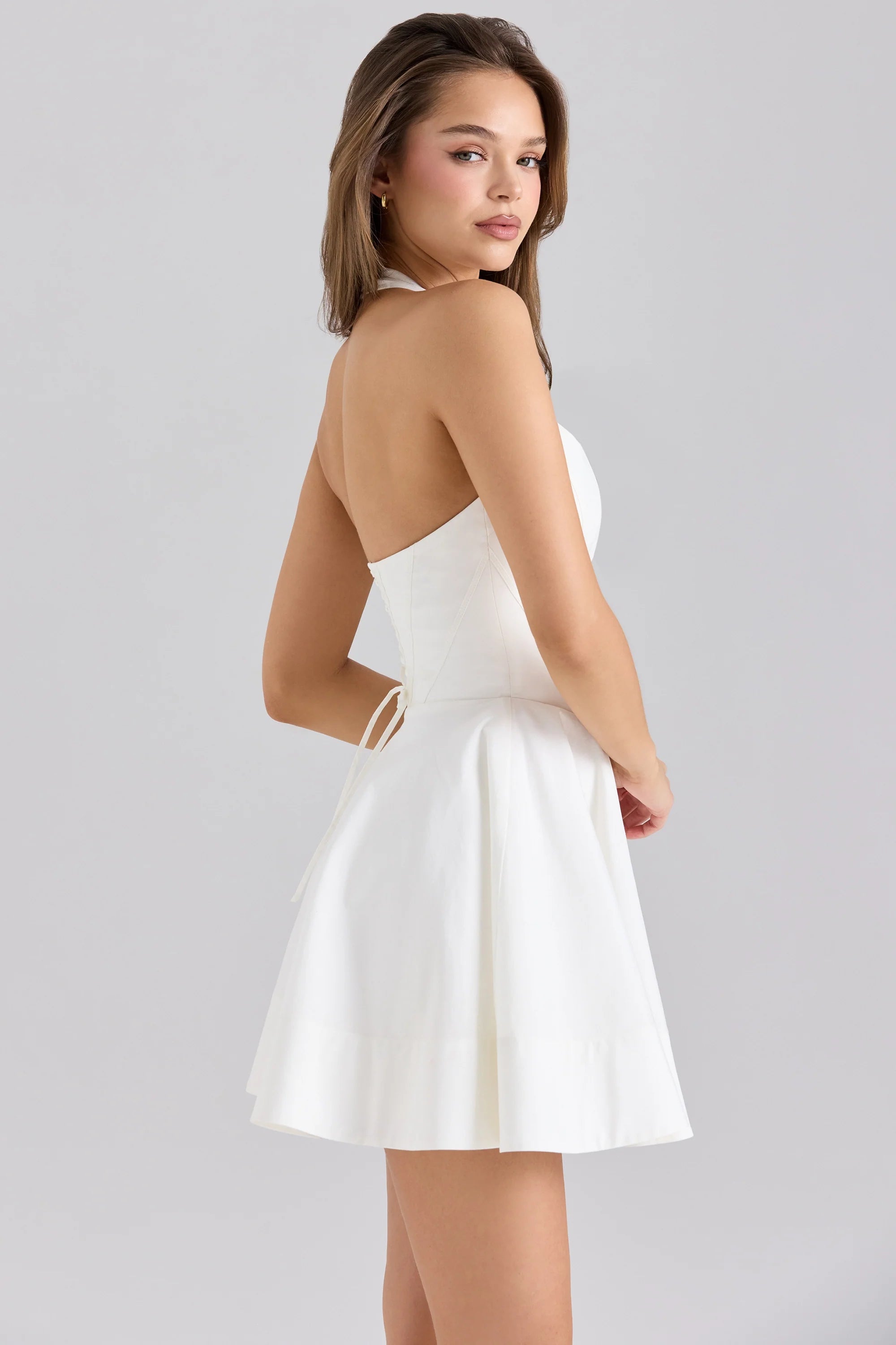 white stretch cotton halter neck mini dress