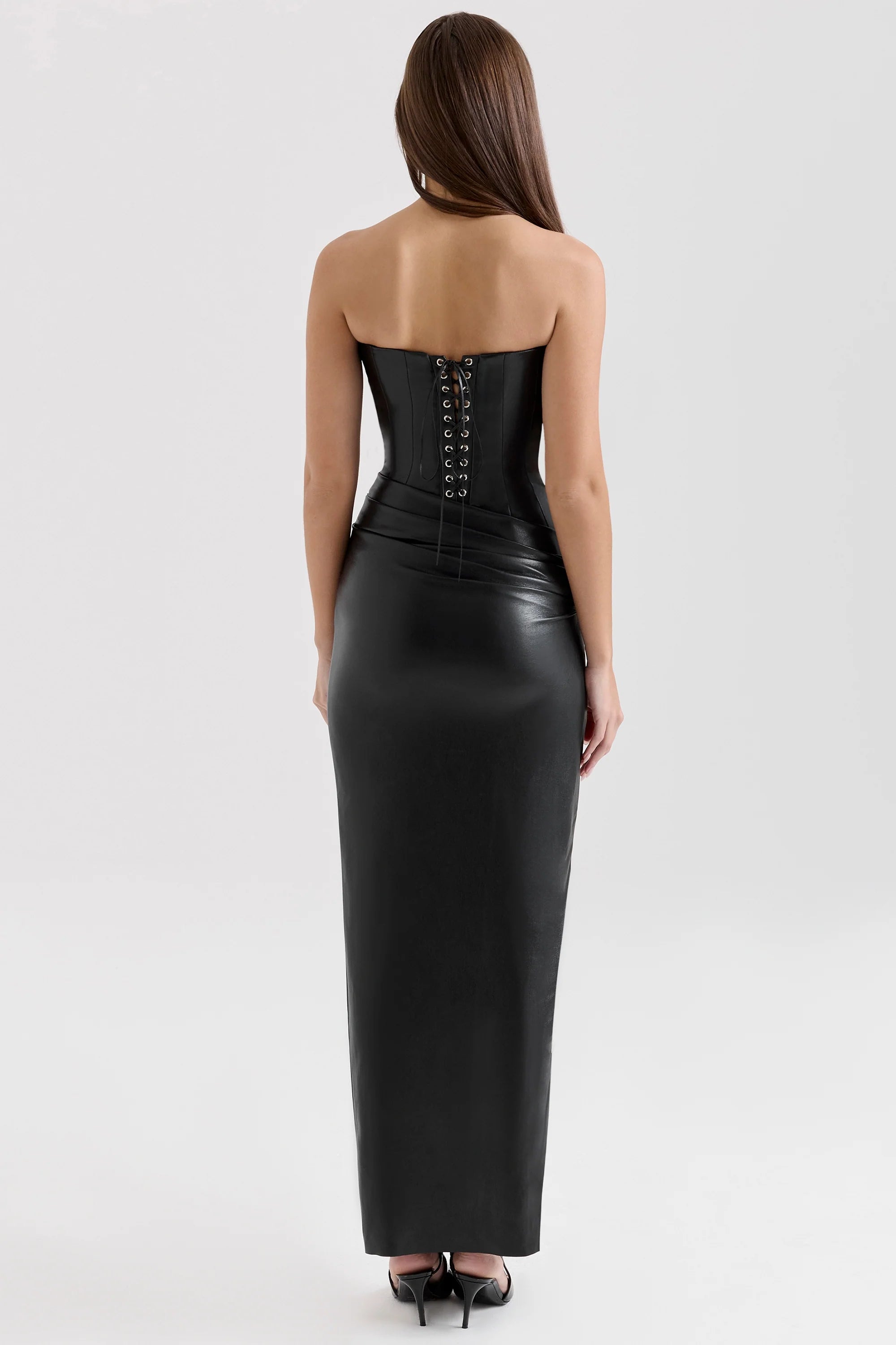 black strapless vegan leather midi dress