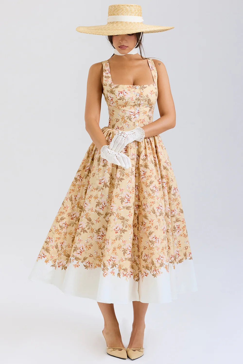 honeyflower print gathered cotton midi dress