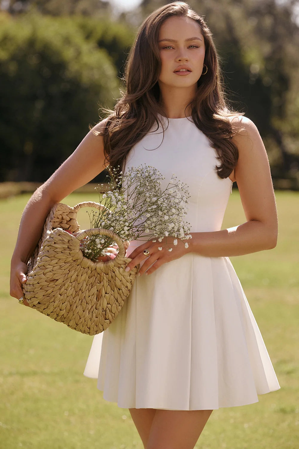 white pleated cotton mini dress