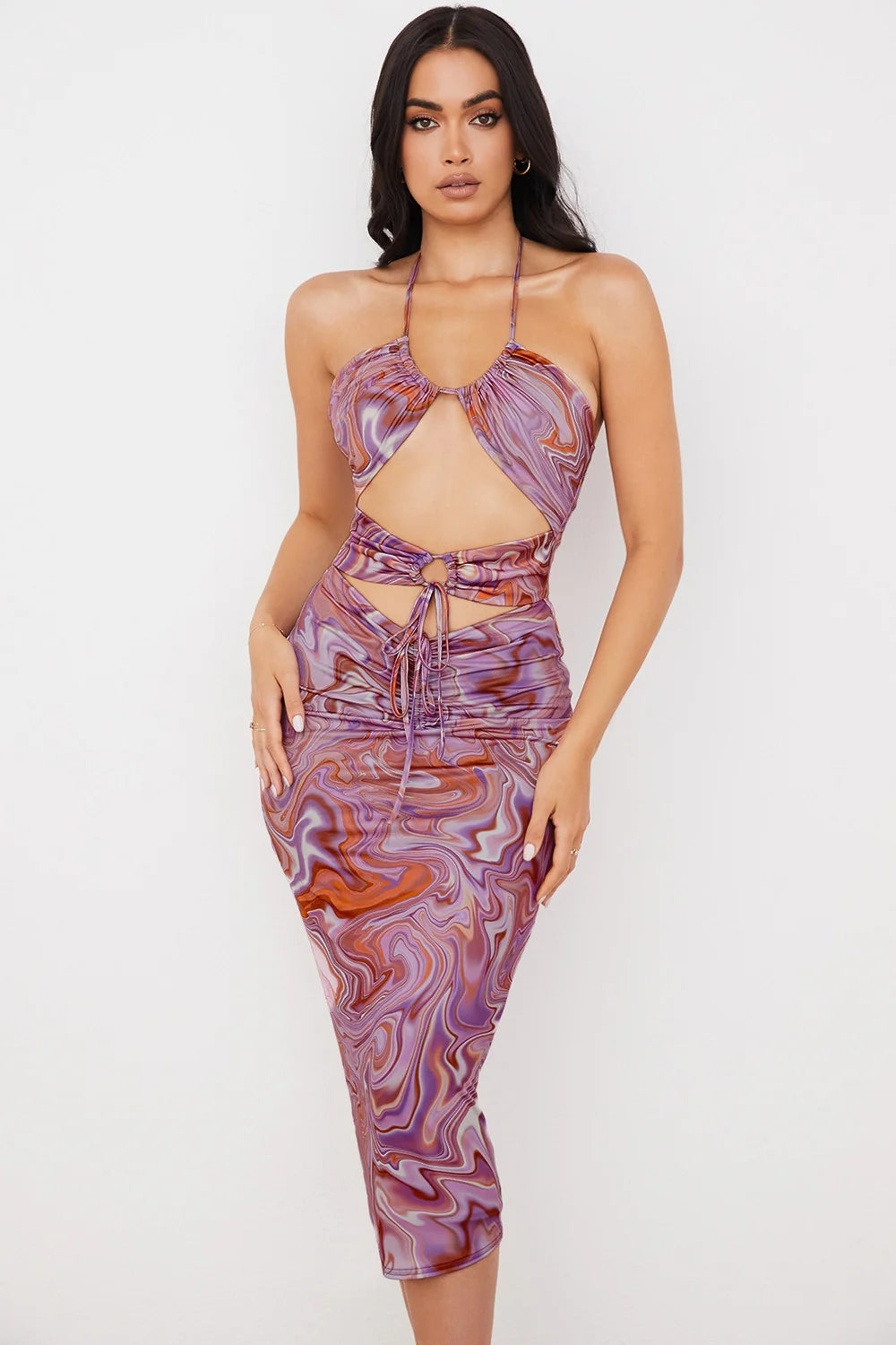 purple swirl cutout midi dress
