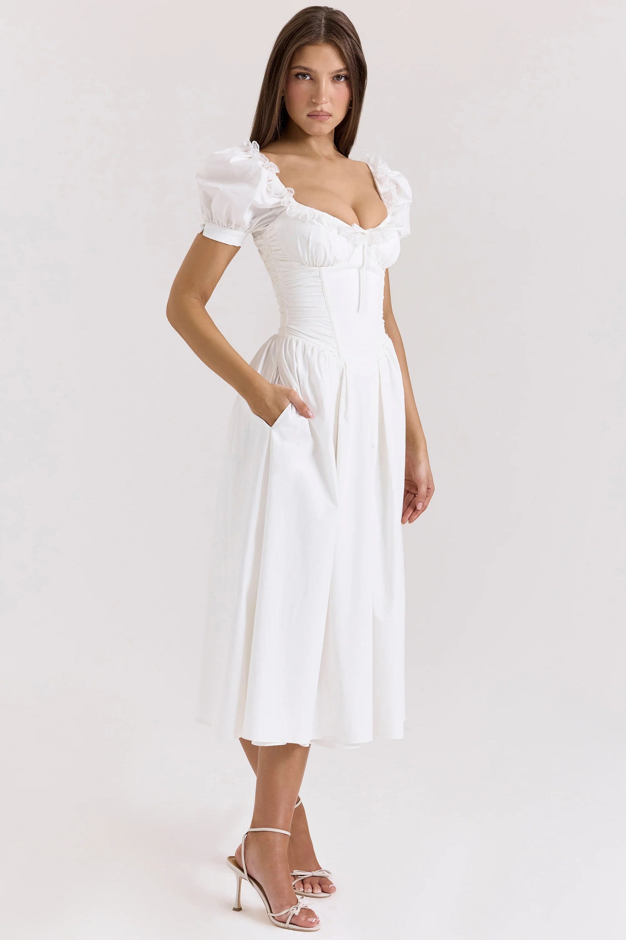 white stretch cotton puff sleeve midi dress