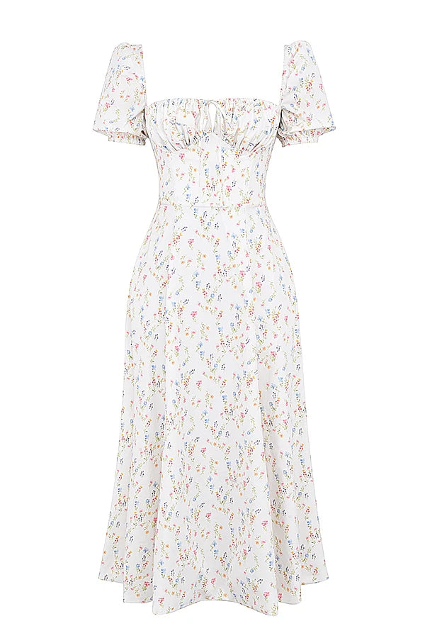 white posy print cotton puff sleeve midi sundress