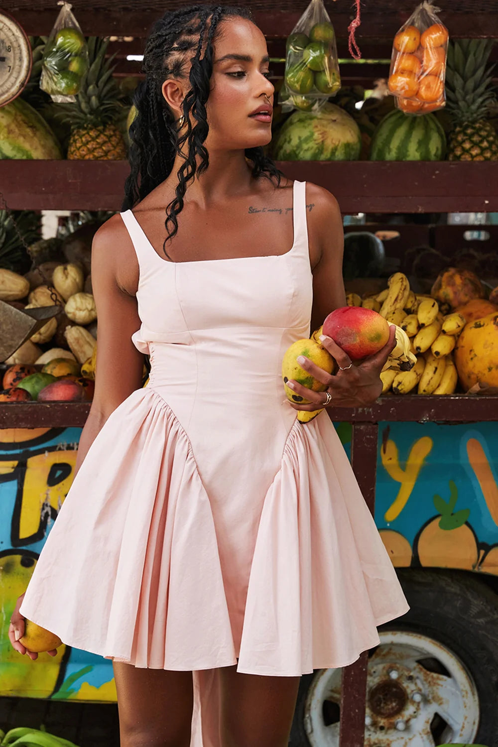 soft peach bow mini dress