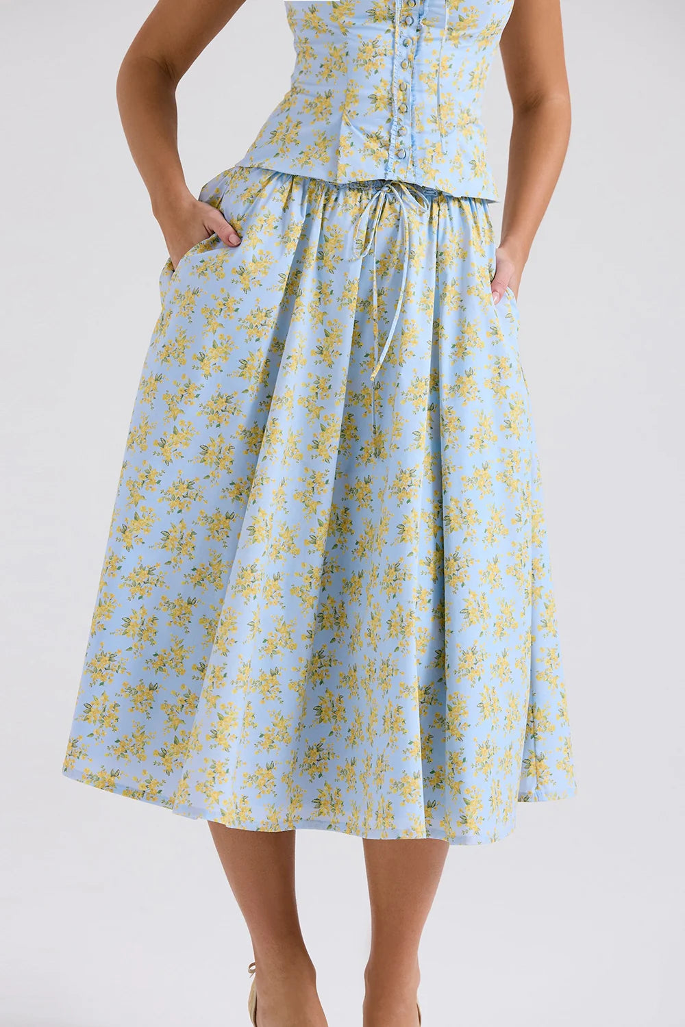 soft blue vintage floral print cotton midi skirt