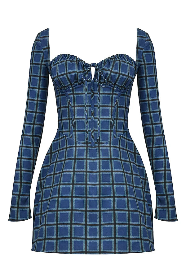 blue tartan corset mini dress