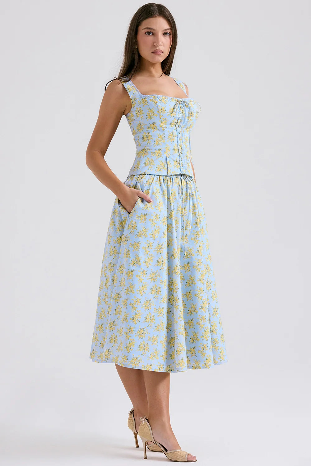 soft blue vintage floral print cotton midi skirt