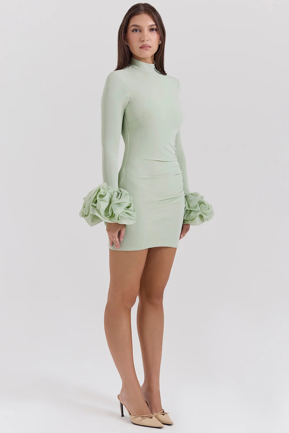 pistachio ruffle cuff mini dress - sale