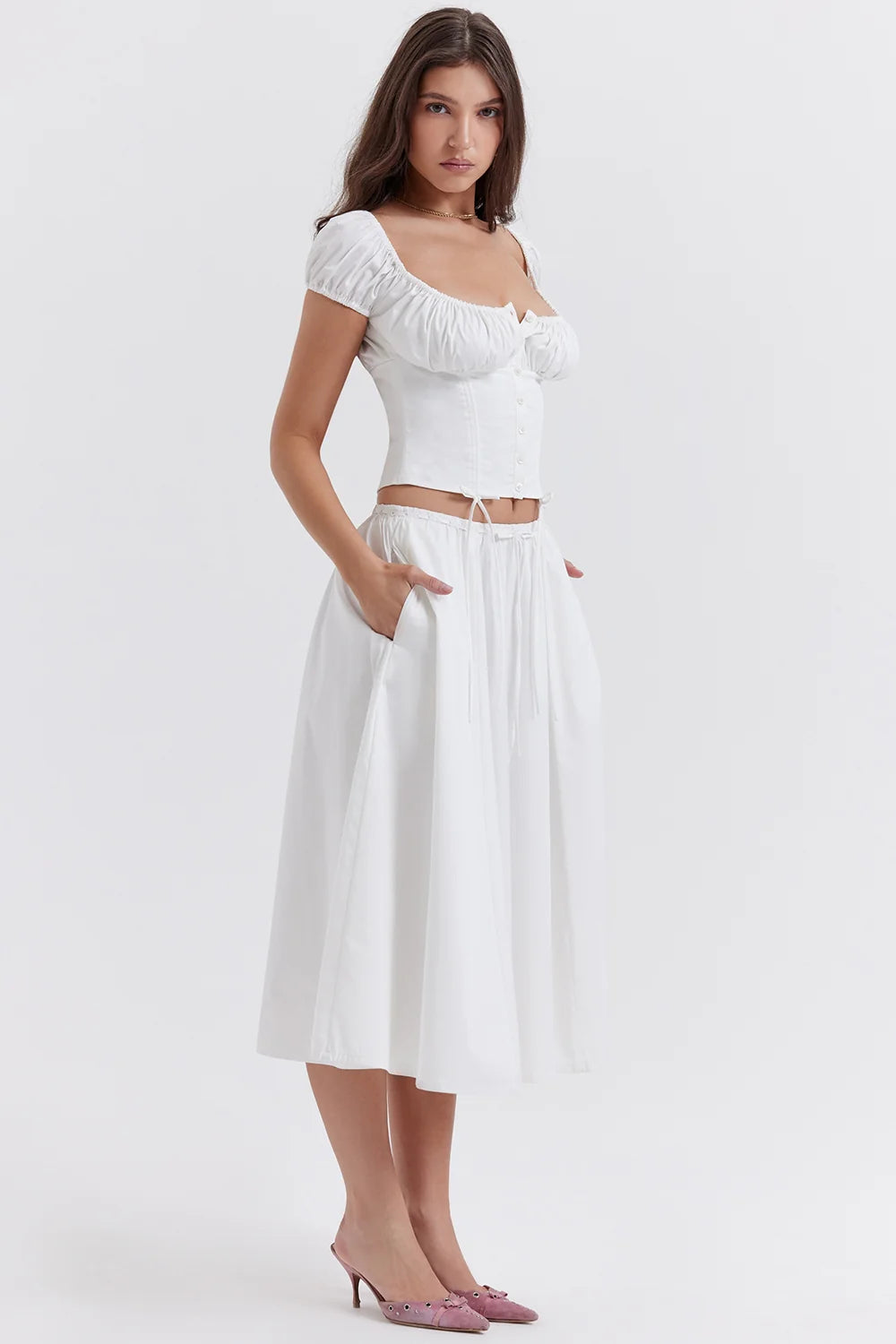white gathered midi skirt