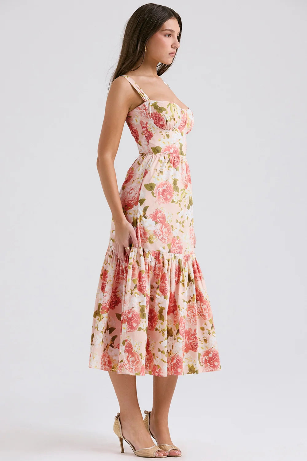 pink peony print cotton midi sundress