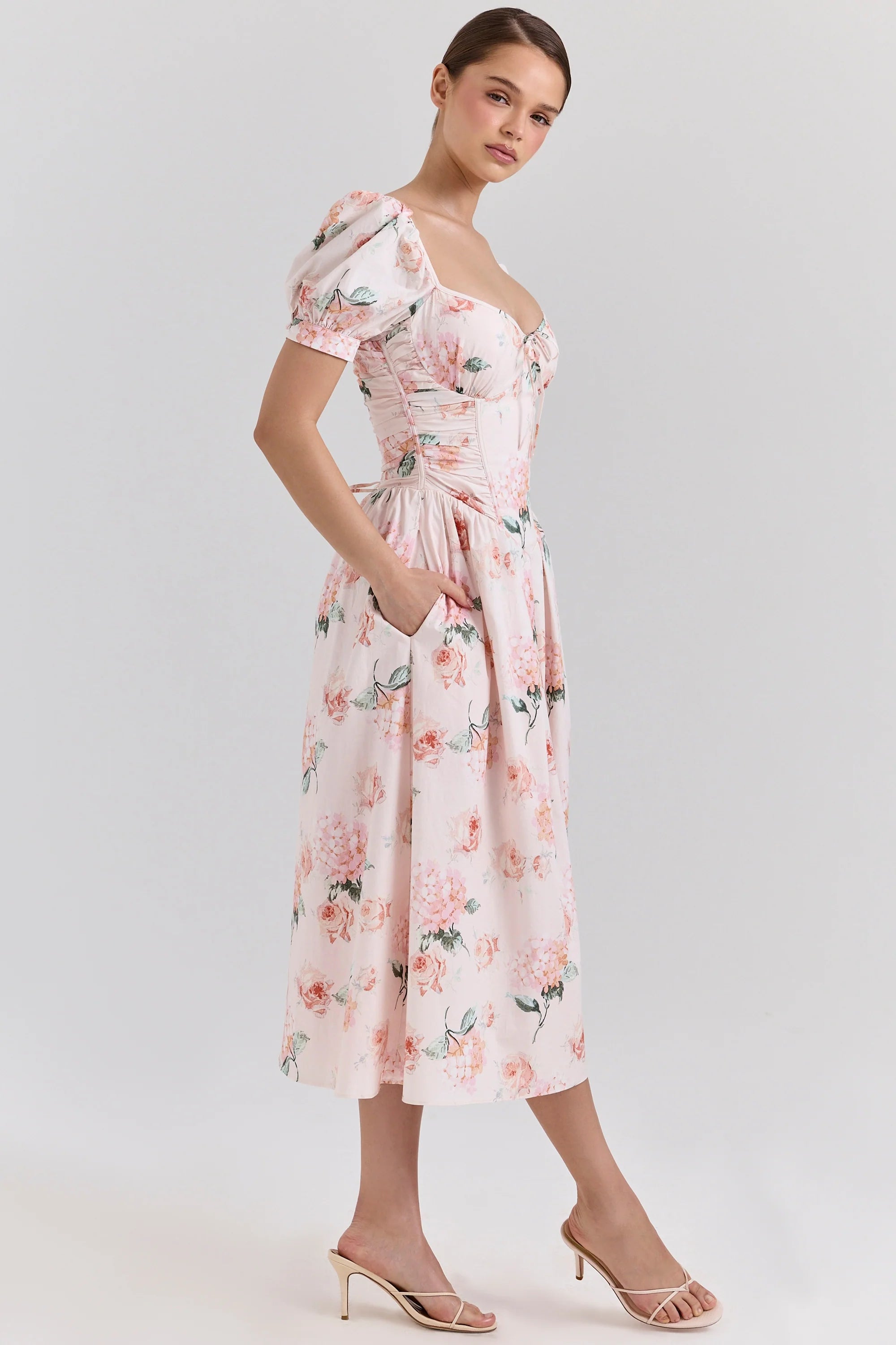 peach floral cotton puff sleeve midi dress