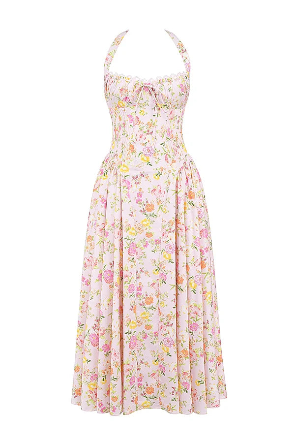 pink meadow print cotton halter midi sundress