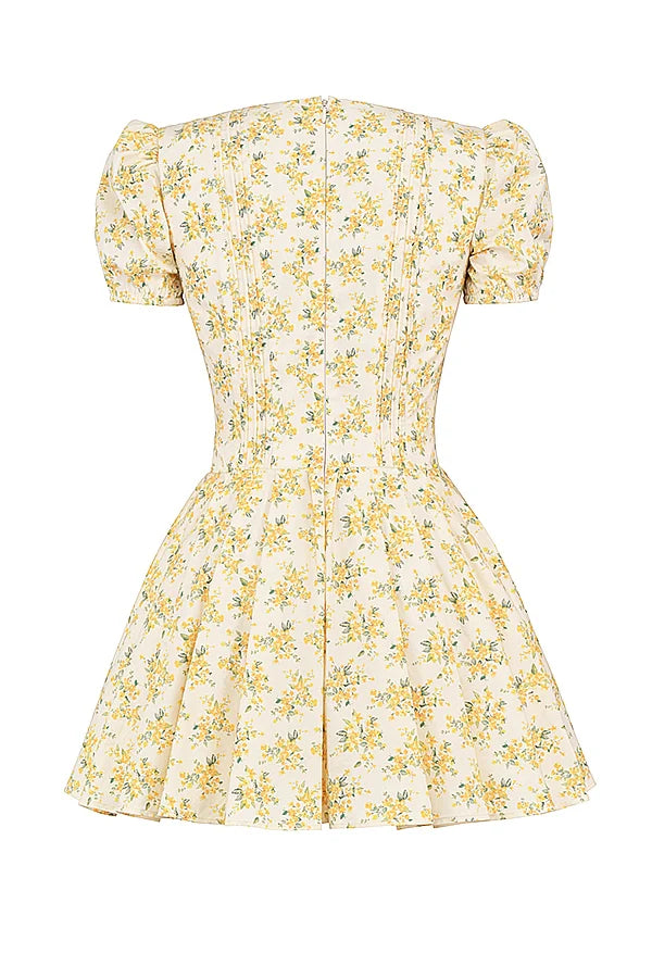 buttercup vintage floral print pleated cotton mini dress