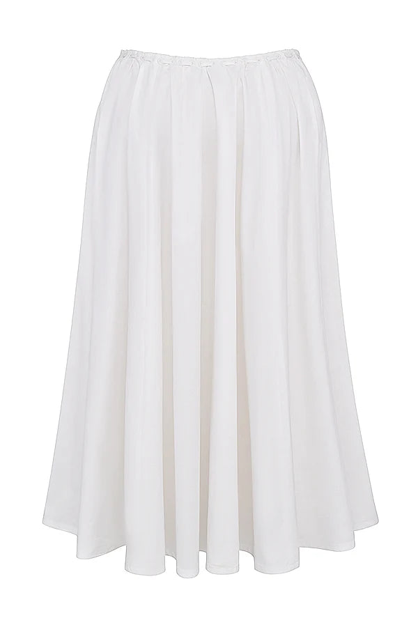 white gathered midi skirt