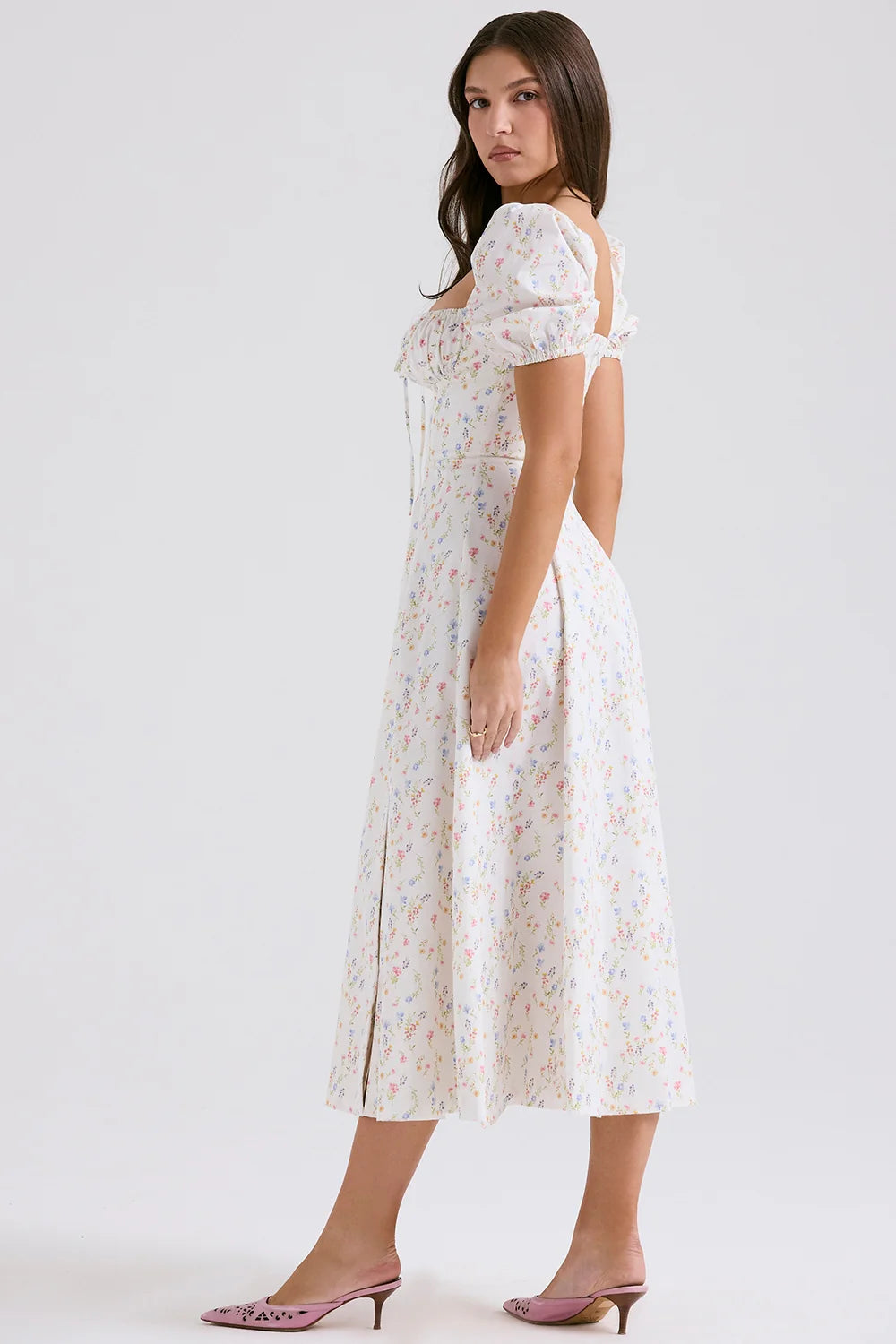 white posy print cotton puff sleeve midi sundress