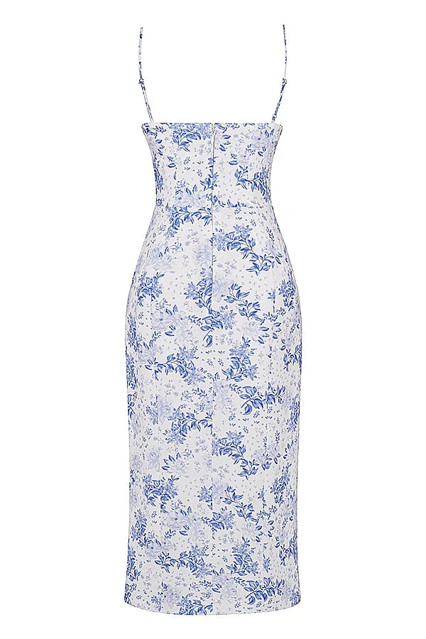 blue print corset midi dress