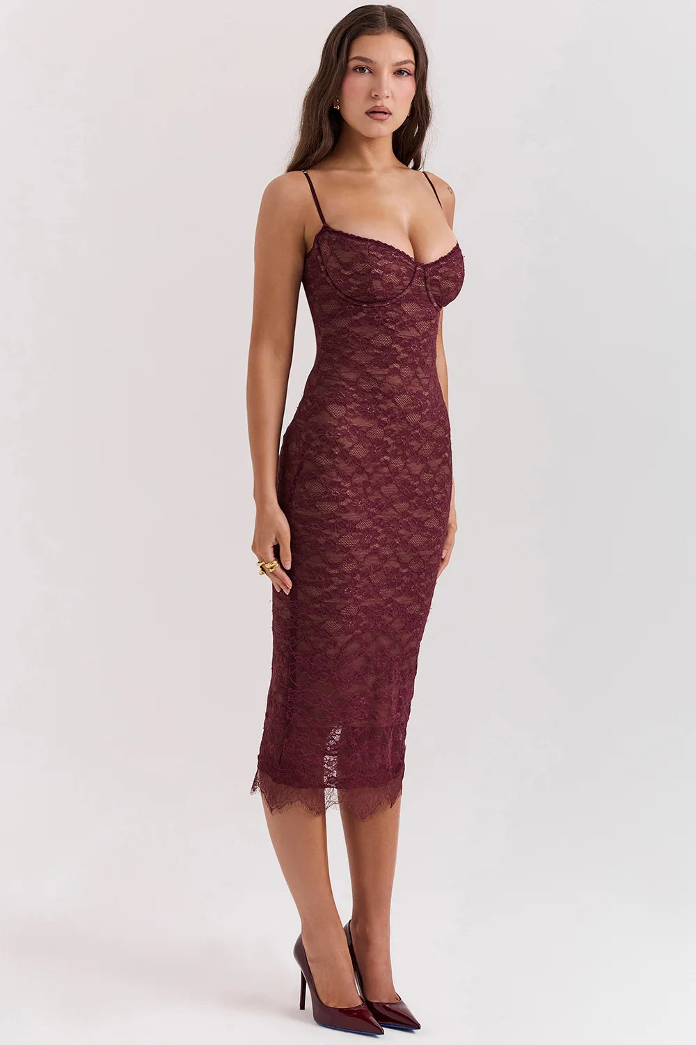 mulberry lace midi dress