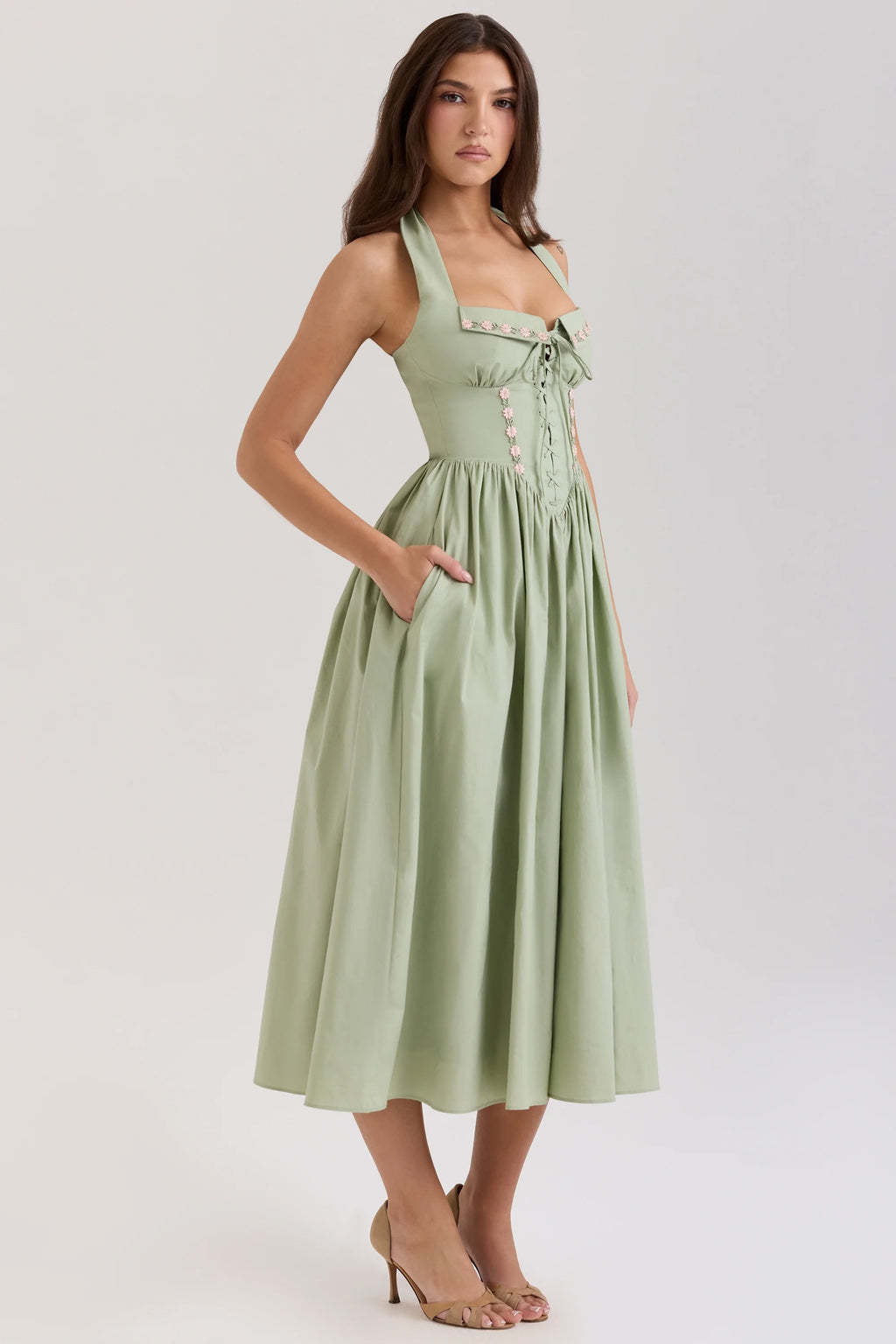 sage stretch cotton halter neck midi dress
