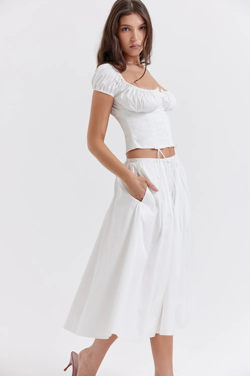 white gathered midi skirt