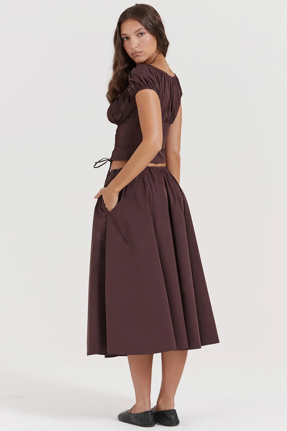 rich brown gathered midi skirt