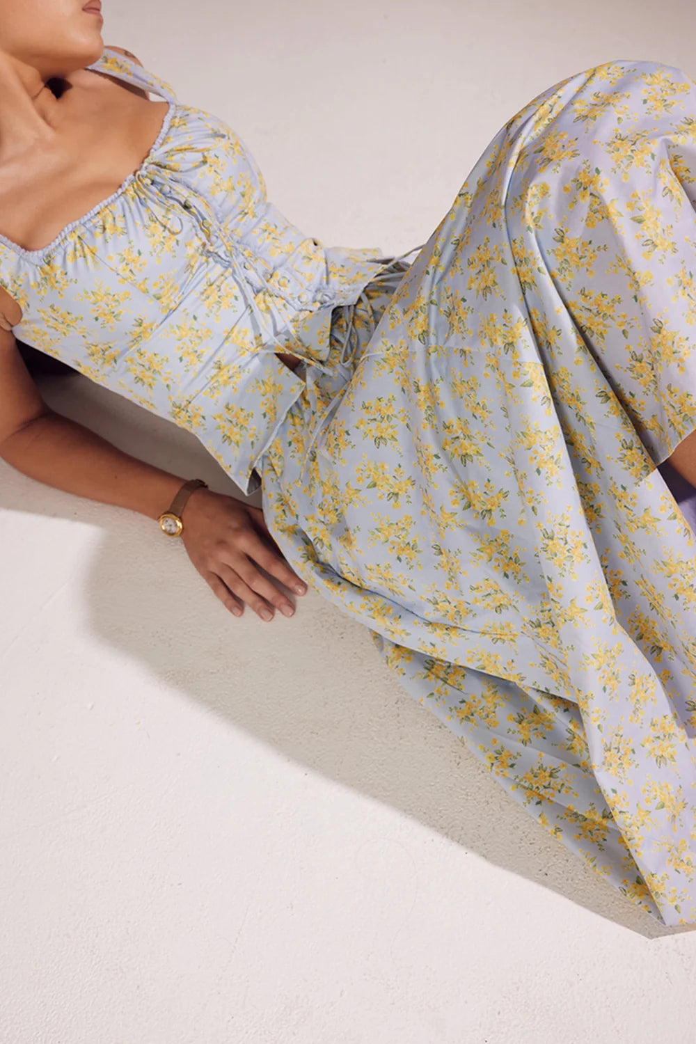 soft blue vintage floral print cotton midi skirt