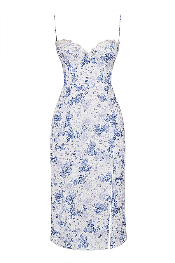 blue print corset midi dress