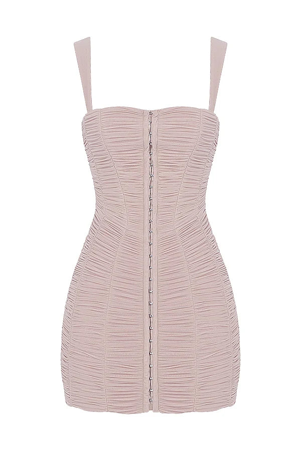 crystal ruched mesh mini dress