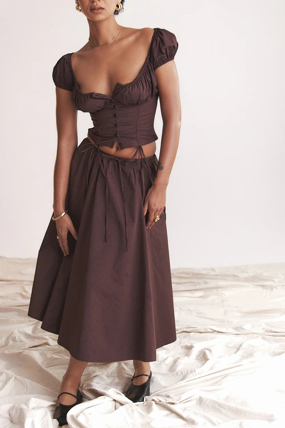 rich brown gathered midi skirt