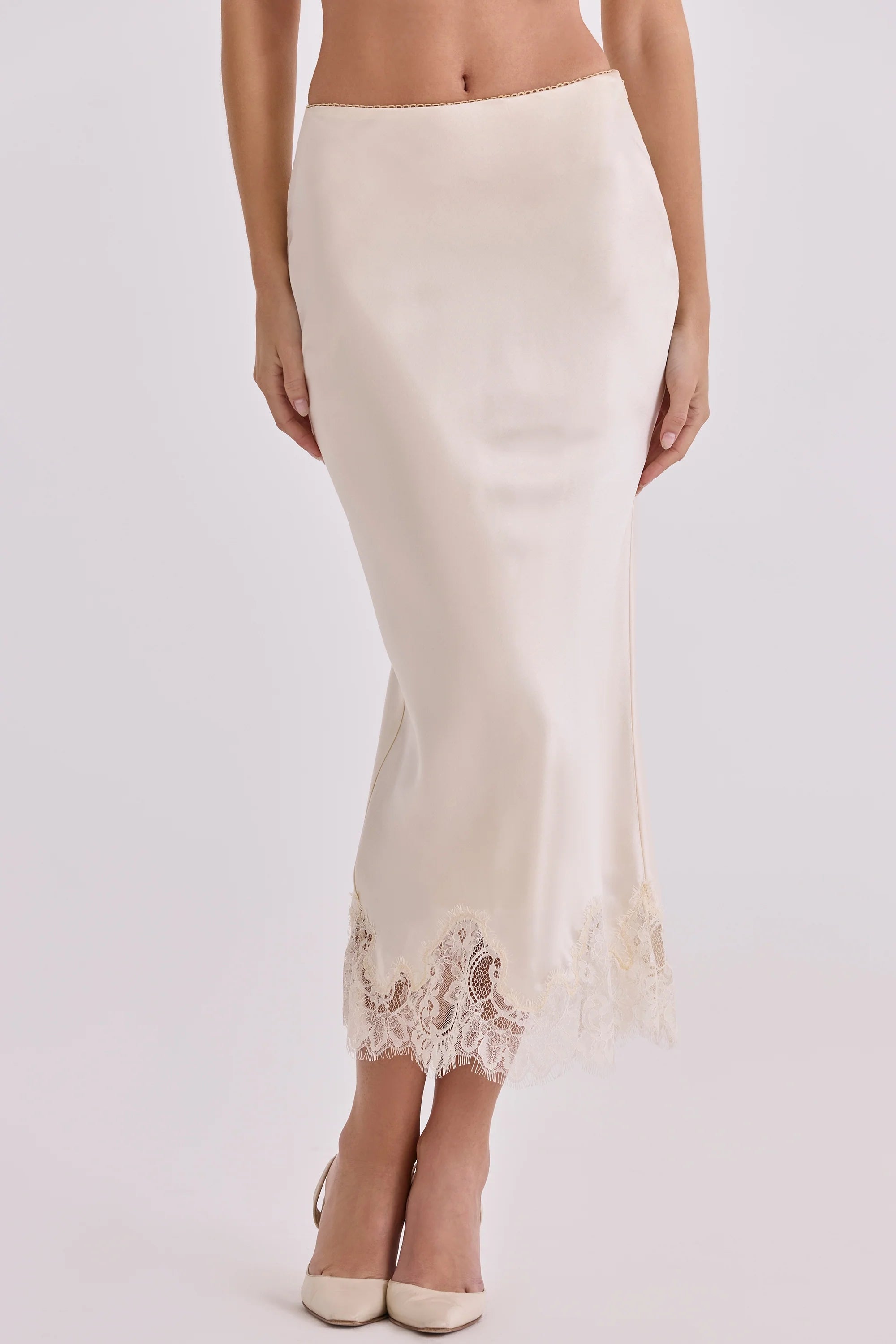 vintage ivory satin + lace midi skirt