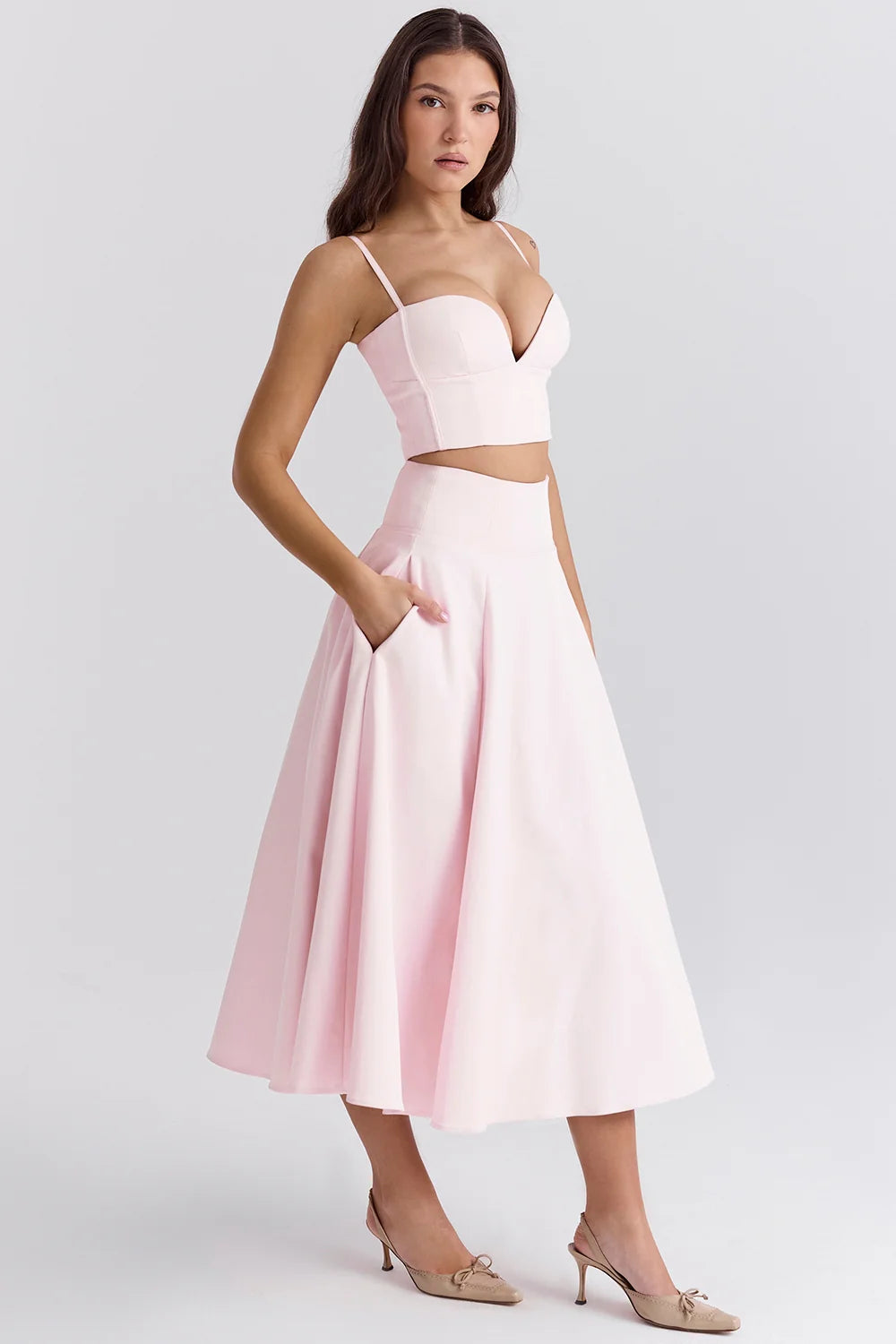 ballerina pink a-line midi skirt
