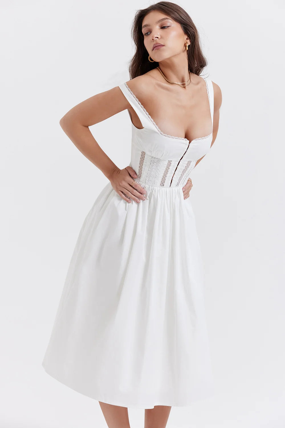 white lace trim midi dress