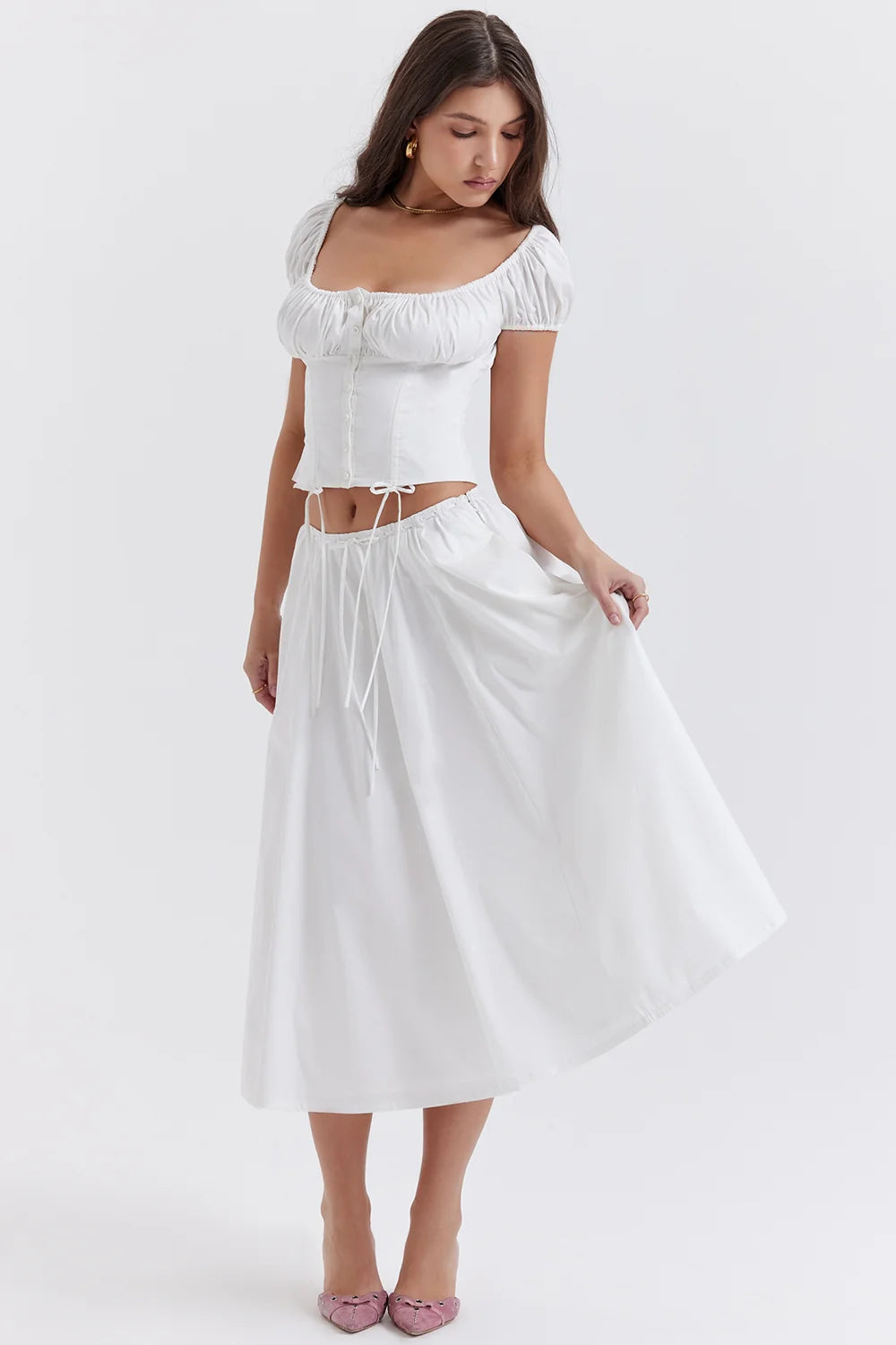 white gathered midi skirt