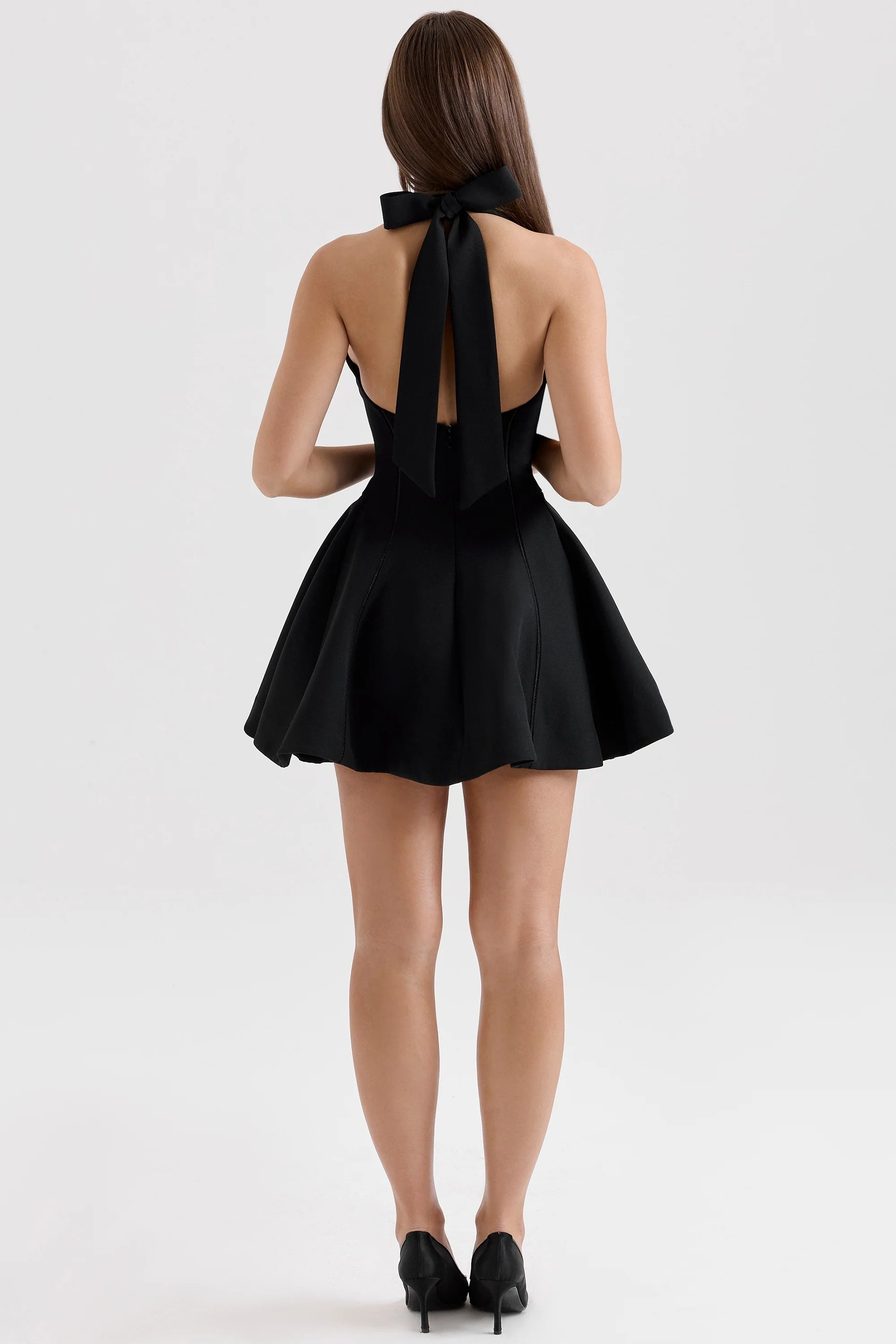 black halter neck bow mini dress