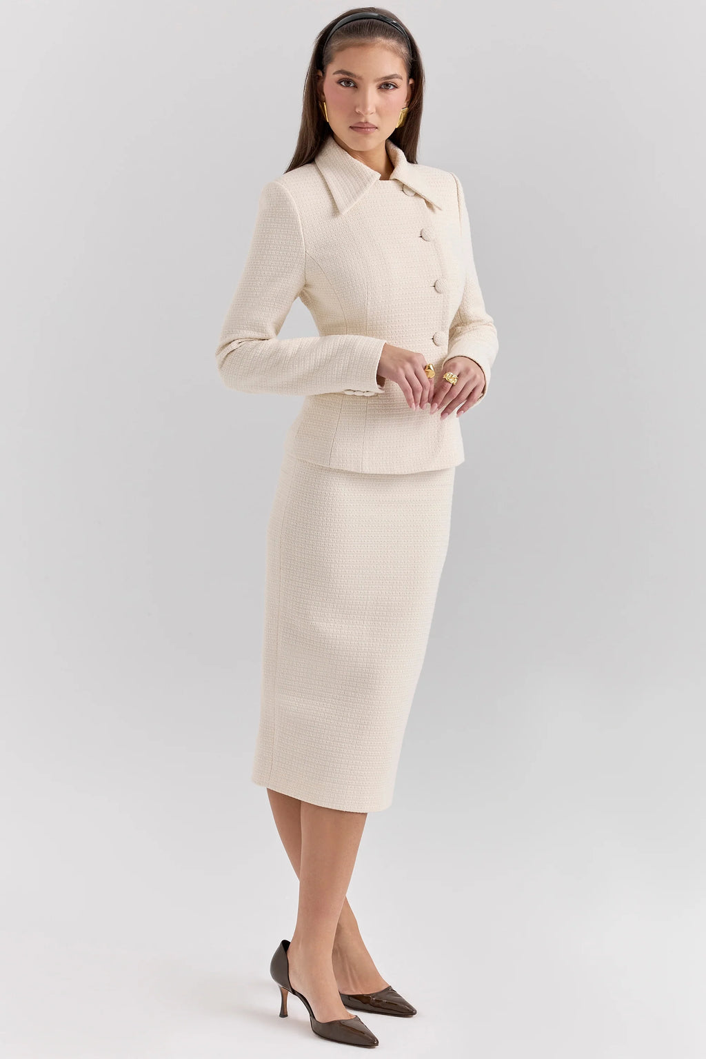 cream boucle pencil midi skirt