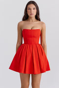 italian tomato strapless pleated mini dress