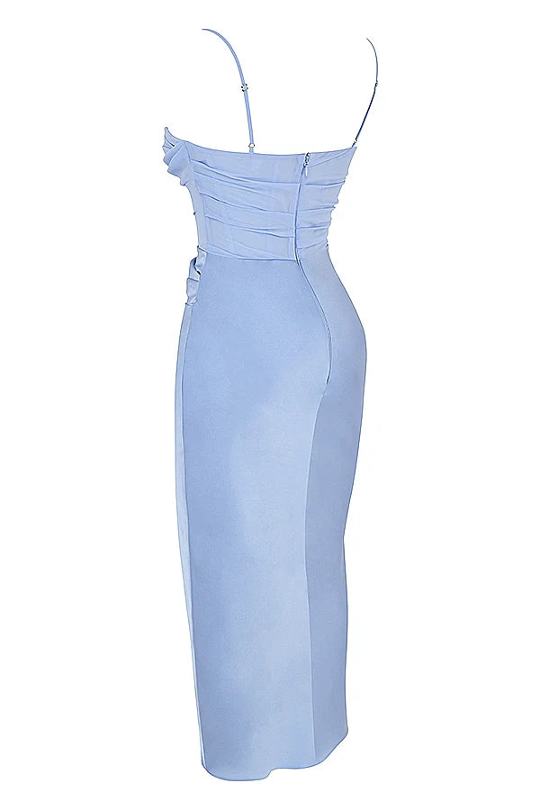 sky draped corset midi dress
