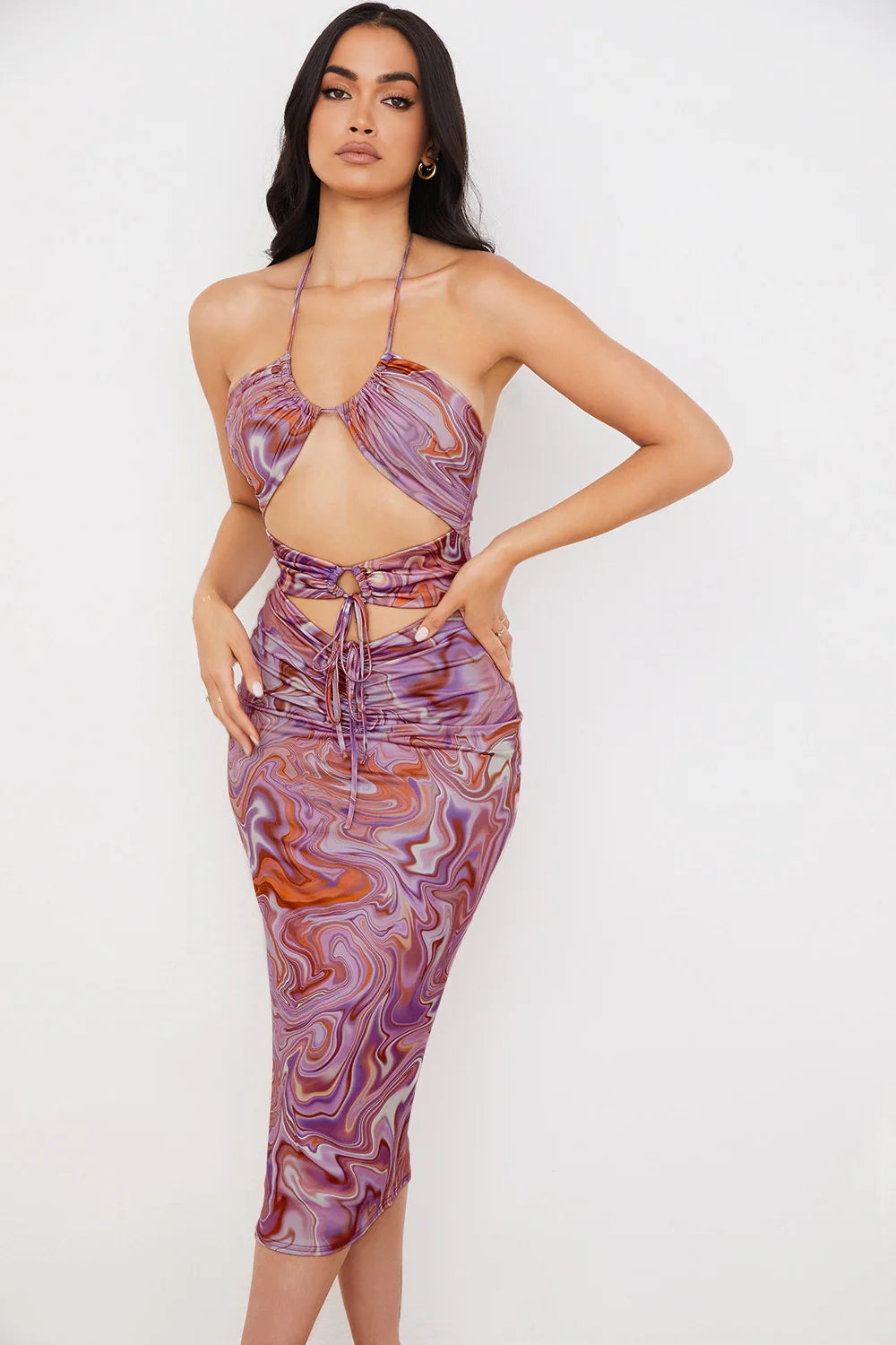 purple swirl cutout midi dress