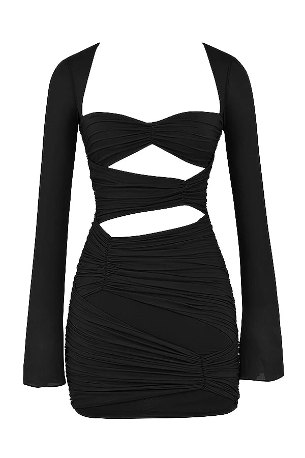 black real silk cutout mini dress