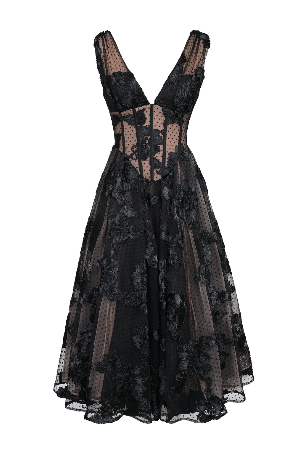 black embroidered tulle corset midi dress