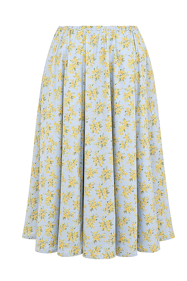 soft blue vintage floral print cotton midi skirt