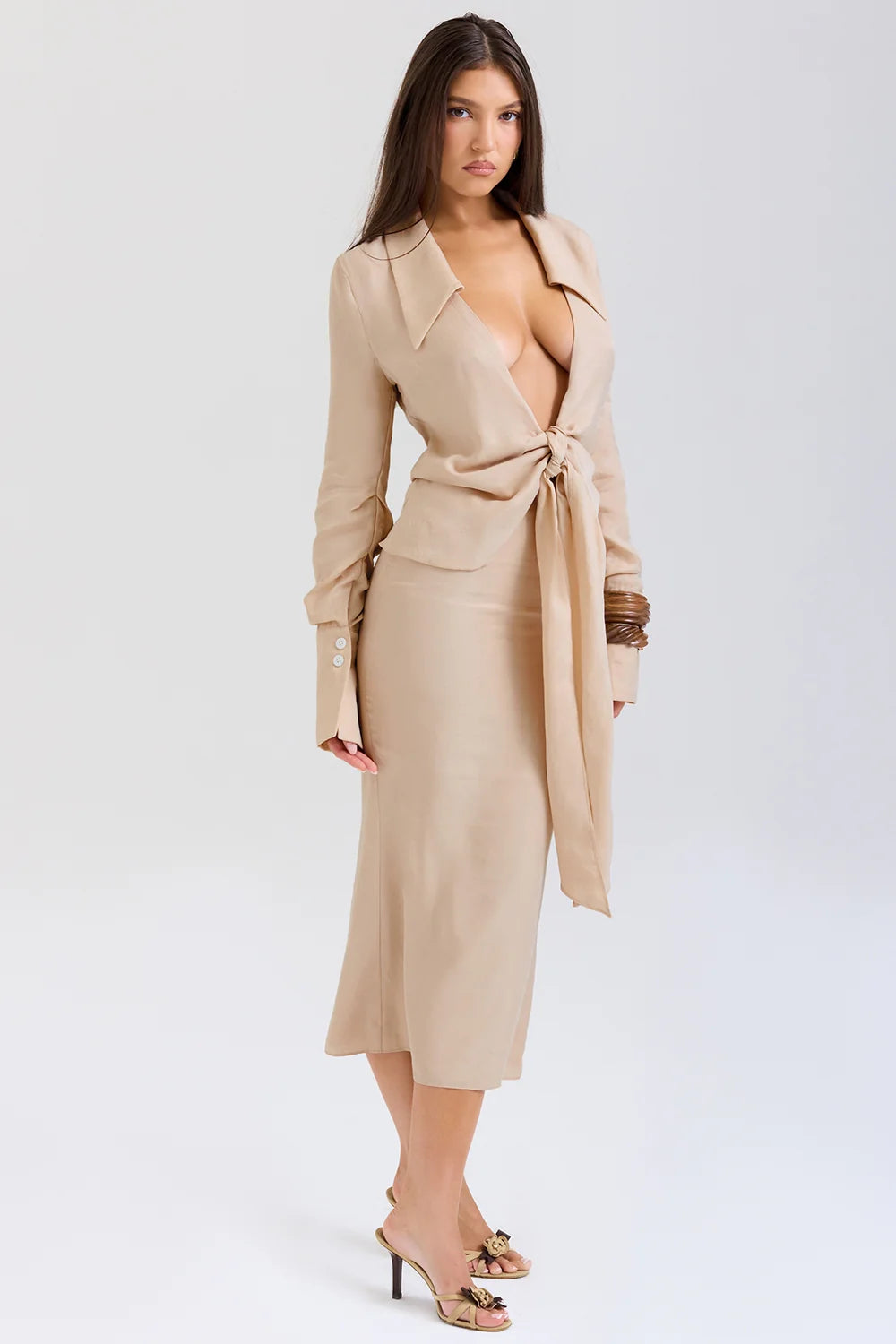 almond plunge shirt midi dress